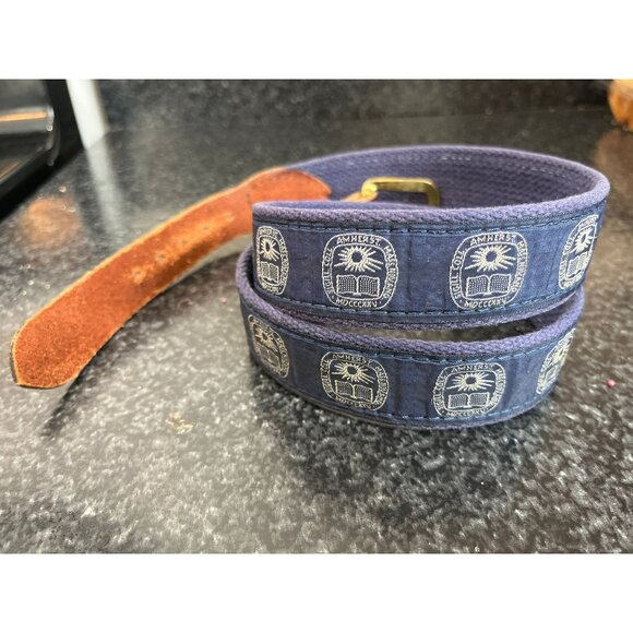 Vintage 1980s Amherst College Belt Leather & Cloth Solid Brass Buckle Adjustable - Picture 5 of 9